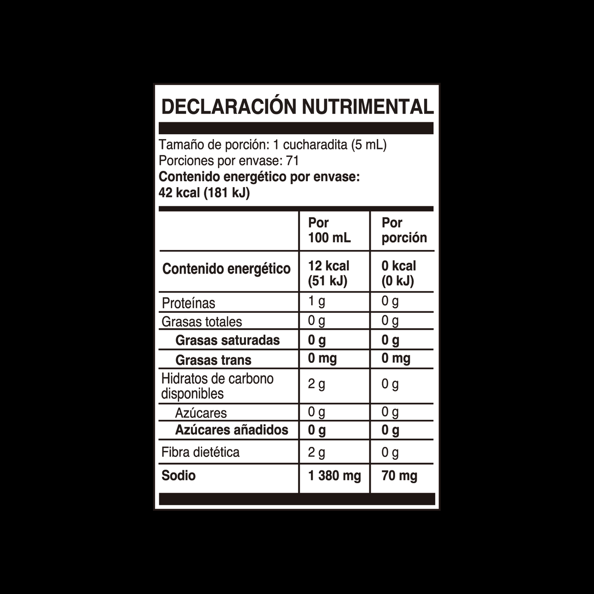 Tabla nutrimental de salsa Amor con Limón 355 ml